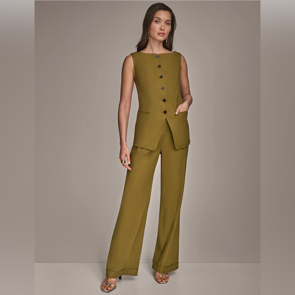 Donna Karan Women Linen Blend Vest Color Smoky Olive Medium Boat Neck Button NWT - Picture 11 of 14